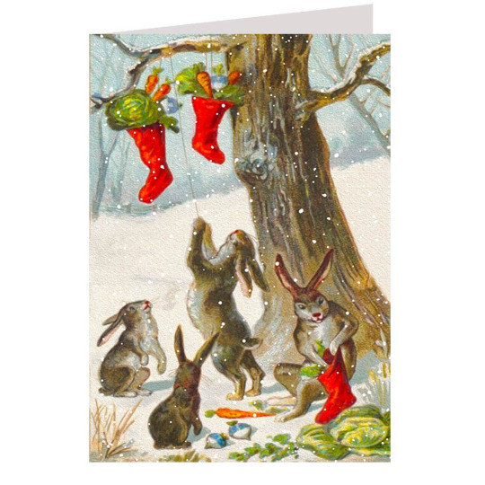 Bunnies Hanging Stockings Christmas Card ~ England